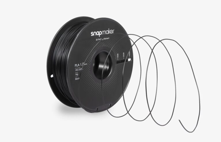 A black Snapmaker PLA filament spool labeled 1.75mm with a 1kg weight, featuring a continuous black filament thread unwinding, essential for 3D printing and compatible with various desktop printers.