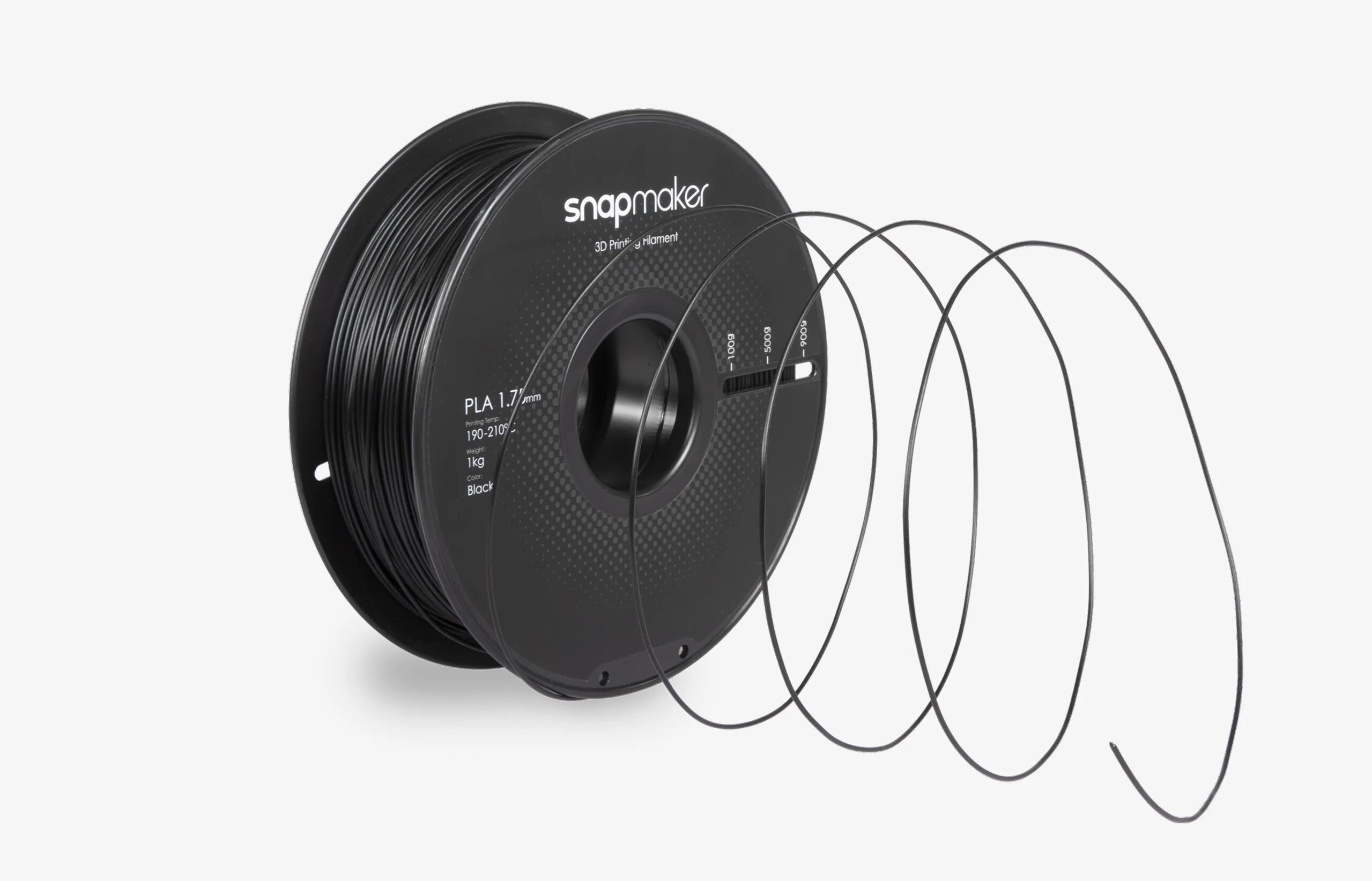 A black Snapmaker PLA filament spool labeled 1.75mm with a 1kg weight, featuring a continuous black filament thread unwinding, essential for 3D printing and compatible with various desktop printers.