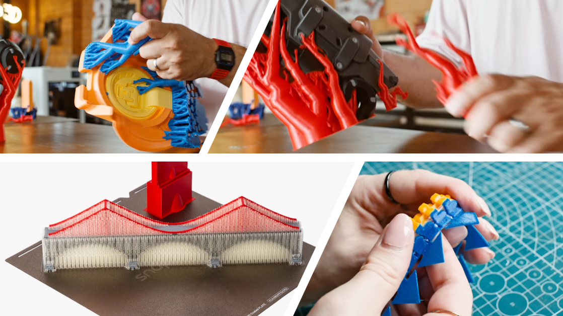 A collage featuring support removal, an efficiency infographic, and a flexible multi-material print, showcasing the versatile capabilities of the Snapmaker U1 3D printer.
