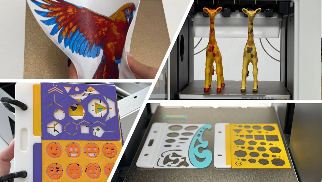 A showcase collage of TPU projects, including a flexible parrot, articulated giraffes, and a hybrid stencil book organizer.