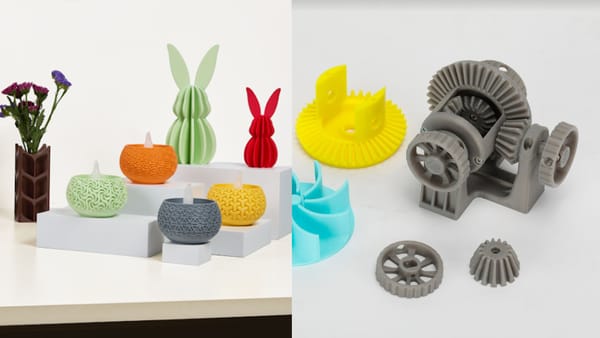 Comparison of 3D print finishes. Left: Colorful, decorative objects like vases and bunnies in matte PLA. Right: A functional gear system in standard, semi-gloss PLA.
