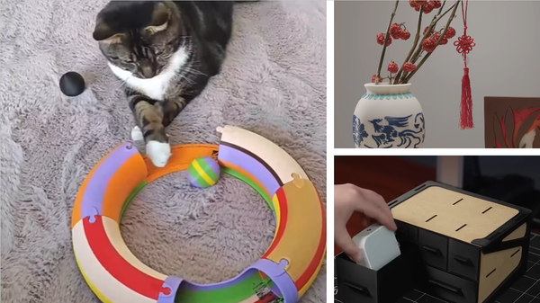 A collage of 3D printed gift ideas featuring a cat playing with a colorful ball track toy, a decorative blue and white Chinese-style vase, and a functional modular desk drawer organizer.