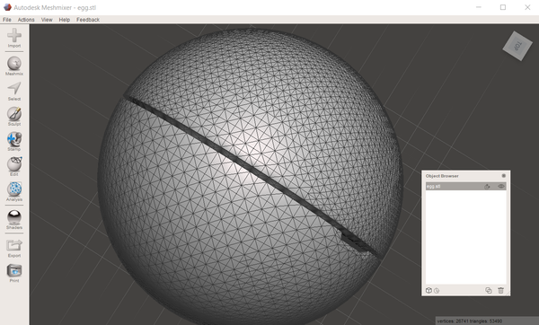 A screenshot of Autodesk Meshmixer showing an 'egg.stl' file with a large hole in its triangle mesh, illustrating a common STL file error that needs repair.