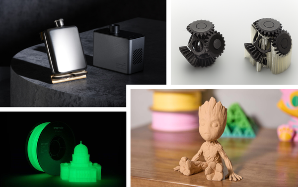 A visual showcase of advanced 3D printing materials, featuring metal components, functional gears, a glow-in-the-dark architectural model, and a wood-composite figure.