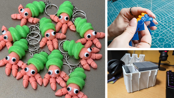 A collage of 3D-printed objects, including articulated hermit crab keychains and a custom card box, highlighting different mechanical tolerances in design.